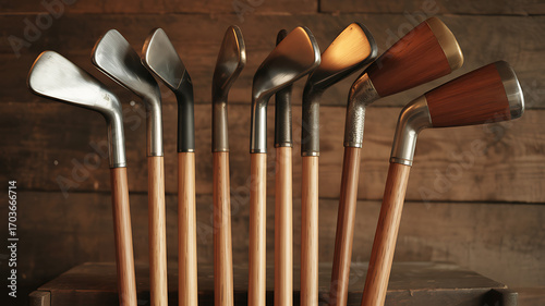 A collection of vintage golf clubs with wooden shafts and metal heads against a wooden background golf