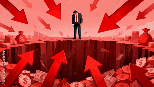 The stock market crash plunged desperate businessmen into a financial abyss. The red arrows indicate economic recession, investment losses, company bankruptcies and debts. Business vector illustration