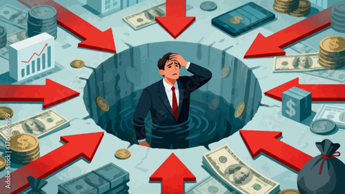 The stock market crash plunged desperate businessmen into a financial abyss. The red arrows indicate economic recession, investment losses, company bankruptcies and debts. Business vector illustration