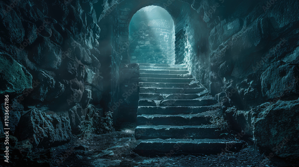 Fototapeta premium Ancient stone staircase leads to mysterious underground chamber, illuminated by soft light, evoking sense of wonder and exploration