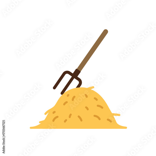 A simple flat-design illustration of a brown pitchfork stuck in a golden yellow pile of hay, set against a white background.