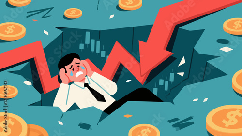 The stock market crash plunged desperate businessmen into a financial abyss. The red arrows indicate economic recession, investment losses, company bankruptcies and debts. Business vector illustration