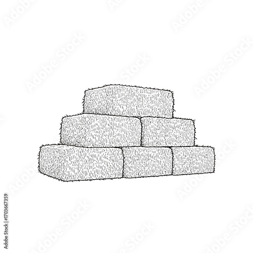 A black and white line drawing illustration of six rectangular hay bales stacked in a pyramid shape.