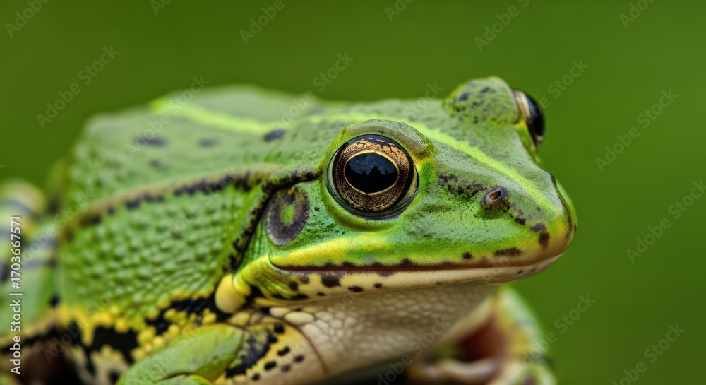 Fototapeta premium Close-up of a green frog against a green background looking right.