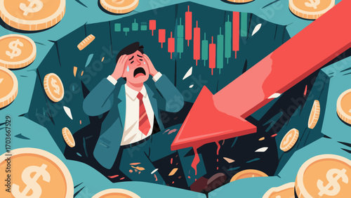 The stock market crash plunged desperate businessmen into a financial abyss. The red arrows indicate economic recession, investment losses, company bankruptcies and debts. Business vector illustration