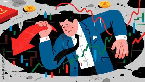 The stock market crash plunged desperate businessmen into a financial abyss. The red arrows indicate economic recession, investment losses, company bankruptcies and debts. Business vector illustration