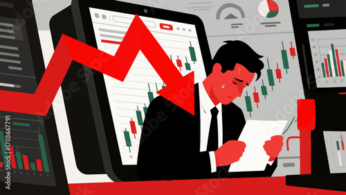The stock market crash plunged desperate businessmen into a financial abyss. The red arrows indicate economic recession, investment losses, company bankruptcies and debts. Business vector illustration