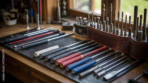 Close up of golf club making equipment on a workbench, golf club grips and tools for repair golf