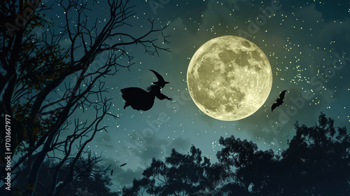 Witch silhouette flies across full moon, surrounded by twinkling stars and dark trees, creating magical Halloween atmosphere