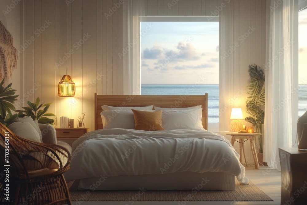 Fototapeta premium Cozy bedroom with ocean view at sunset time