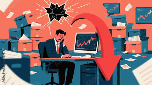 The stock market crash plunged desperate businessmen into a financial abyss. The red arrows indicate economic recession, investment losses, company bankruptcies and debts. Business vector illustration