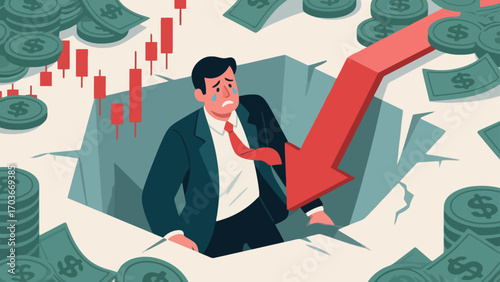 The stock market crash plunged desperate businessmen into a financial abyss. The red arrows indicate economic recession, investment losses, company bankruptcies and debts. Business vector illustration