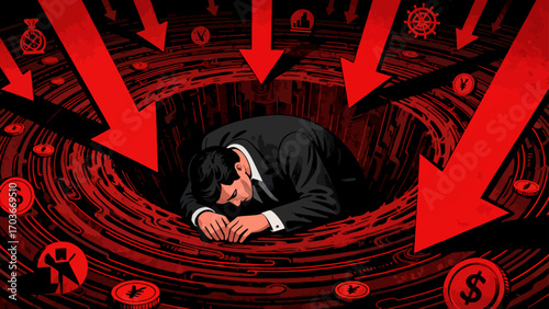 The stock market crash plunged desperate businessmen into a financial abyss. The red arrows indicate economic recession, investment losses, company bankruptcies and debts. Business vector illustration