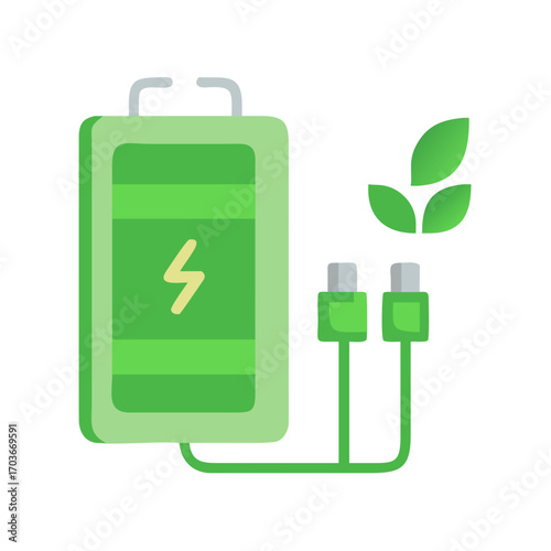Green battery charging icon with cables and leaves elements
