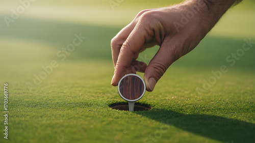 Closeup of a hand placing a ball marker on the green, marking the spot on the golf course golf