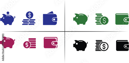 Finance icons. Business Icons, money signs. Money silhouette collection. Wallet with cards icon. Coins silhouette icon. Growth chart. Moneybag or stash. Piggy bank flat style - stock vector.