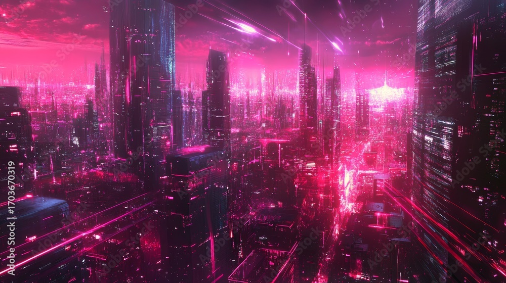 Obraz premium A futuristic cityscape illuminated by vibrant pink and red lights with dynamic digital streams