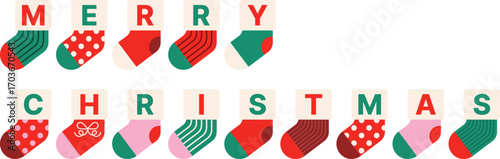 Festive Christmas stocking garland vector collection spelling MERRY CHRISTMAS, perfect for holiday banners, greeting cards, seasonal decorations, and festive design projects.