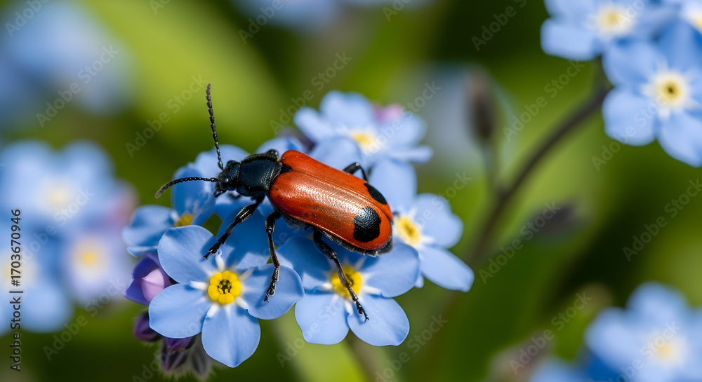 Fototapeta premium Macro photograph showcases a vibrant red beetle resting gently on delicate blue forget-me-not
