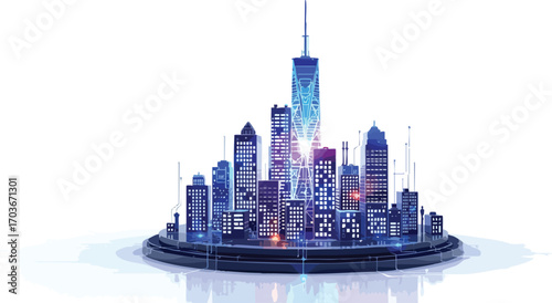Futuristic city island with glowing skyscrapers and digital network on a white background cityscape.