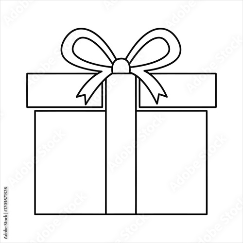 Simple black outline drawing of a gift box with a bow present
