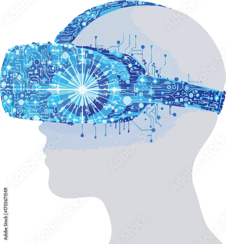 Silhouette of a Human Head Wearing Virtual Reality Goggles with Circuit Board Design headset technology.