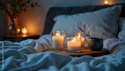 A serene and relaxing bedroom scene with candles burning on a wooden tray. The candles cast a warm glow on the bed and pillows, creating a cozy atmosphere