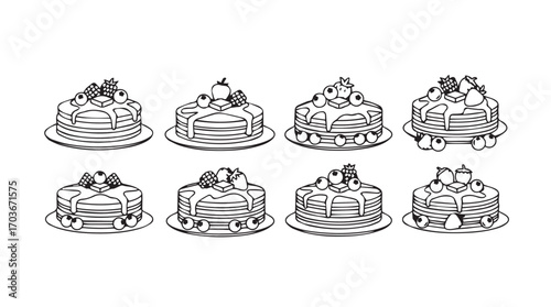 Collection of eight delicious pancake stacks with fruit toppings and syrup silhouette