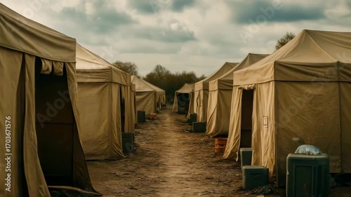 Row of Military Tents Set Up on Dirt Ground in a Camp