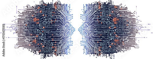 Symmetrical abstract digital brain with blue circuit board patterns and red lights on white background.