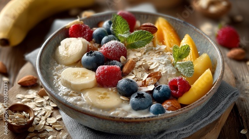 Fresh fruit muesli bowl with berries, oats, and cereal for a healthy breakfast