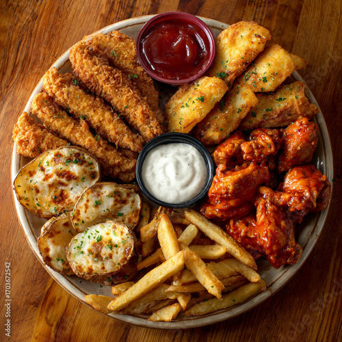 Platter of Assorted Appetizers with Chicken Wings, Fries, Potato Skins, and Dipping Sauces