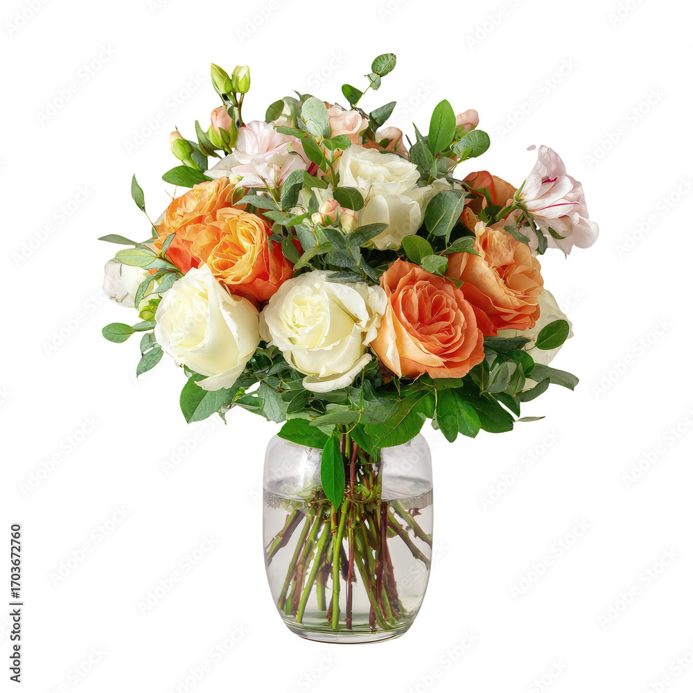 Fototapeta premium Pretty bouquet of peach, orange, and white roses in clear vase