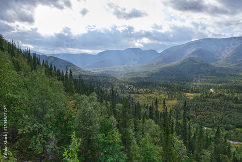 Khibiny. Panorama of a mountain gorge with a forest massif on a bright sunny autumn day. Tourist place for recreation