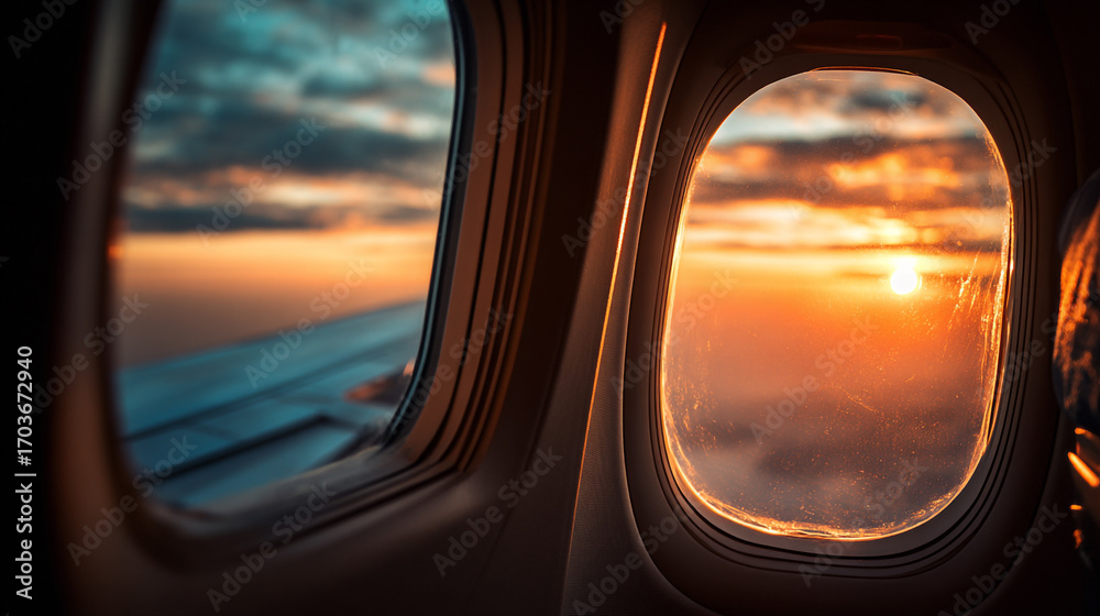Naklejka premium Airplane window sunset view clouds sky orange hues flight travel journey