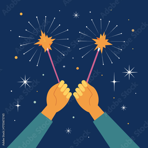 Vector illustration of a hand holding a star, sparking a festive celebration in the night sky