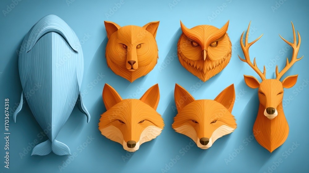 Obraz premium Papercut animal heads, light blue background. Five stylized animal portraits?whale, wolf, owl, fox, deer?rendered in a papercut style with bold colors and shadows