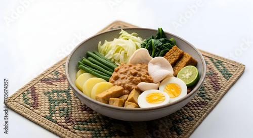 Authentic gado-gado salad featuring fresh vegetables and peanut sauce presented aesthetically