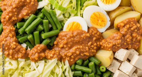 Delicious Gado-Gado Close-Up: A Nutritious Indonesian Salad with Peanut Sauce Delightful Display