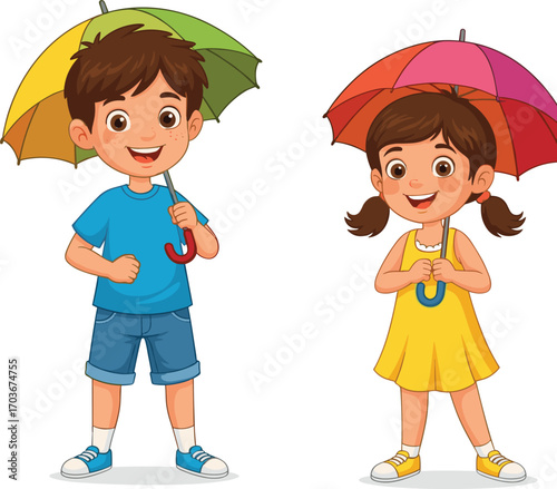 Happy boy and girl standing with colorful umbrellas, smiling children in summer clothes, playful kids holding umbrellas, outdoor rainy day fun
