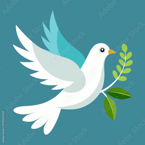Soaring Dove of Peace: A serene dove, wings outstretched, carries an olive branch against a teal backdrop. This image speaks of hope, unity, and the pursuit of harmony in a troubled world. 