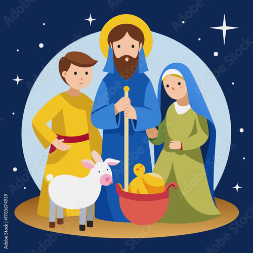 Christmas Scene: A vector illustration depicts a heartwarming nativity scene with Mary, Joseph, baby, and little goat with shining star. Evoking the feeling of Christmas.