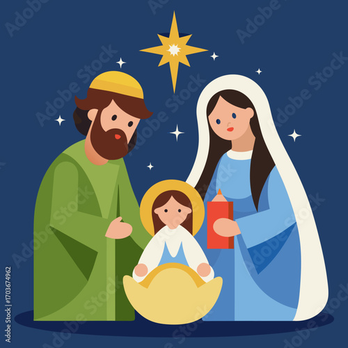 The Holy Family: An endearing, illustrated depiction of the Holy Family, exuding the joy and love of the season, set against a backdrop of a star.