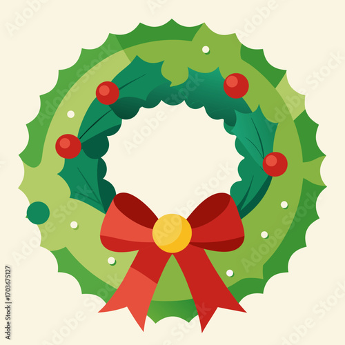 Festive Wreath: This illustration depicts a joyful festive season wreath, adorned with vibrant holly, berries, and a decorative red bow, perfect for adding a touch of holiday cheer.