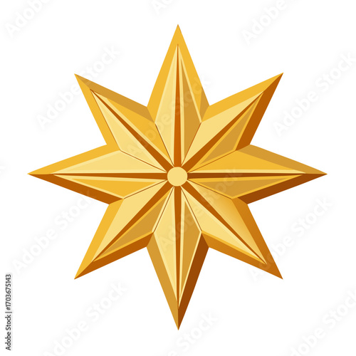 Golden star with radiating light: A beautifully crafted golden star shines brightly with eight points, emanating light, perfect for conveying celestial themes.