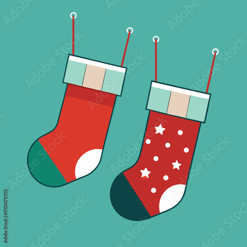 Festive Stocking Duo: Two cheerful Christmas stockings, each with unique designs, are suspended against a vibrant backdrop. Evoking the warm anticipation and joyous spirit of the season.