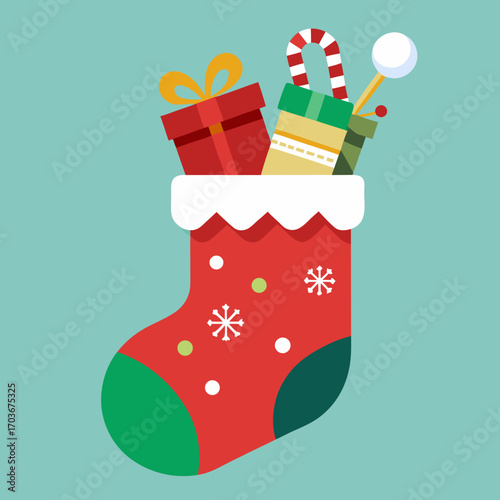 Holiday Stocking Treasure: A vibrant and cheerful illustration showcases a festive holiday stocking overflowing with presents and treats, embodying the joyful spirit of the season.