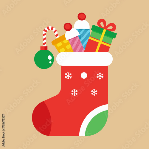 Festive Cheer: A charming Christmas stocking, brimming with cheerful surprises like candy cane, wrapped present, and colorful dessert, symbolizing the joy and anticipation of the holiday season.
