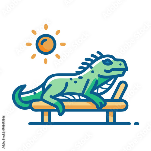 Iguana relaxing on a lounge chair under the sun
