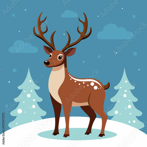 Cartoon Reindeer in Winter Wonderland: A charming cartoon reindeer, adorned with majestic antlers, stands confidently in a whimsical winter wonderland.